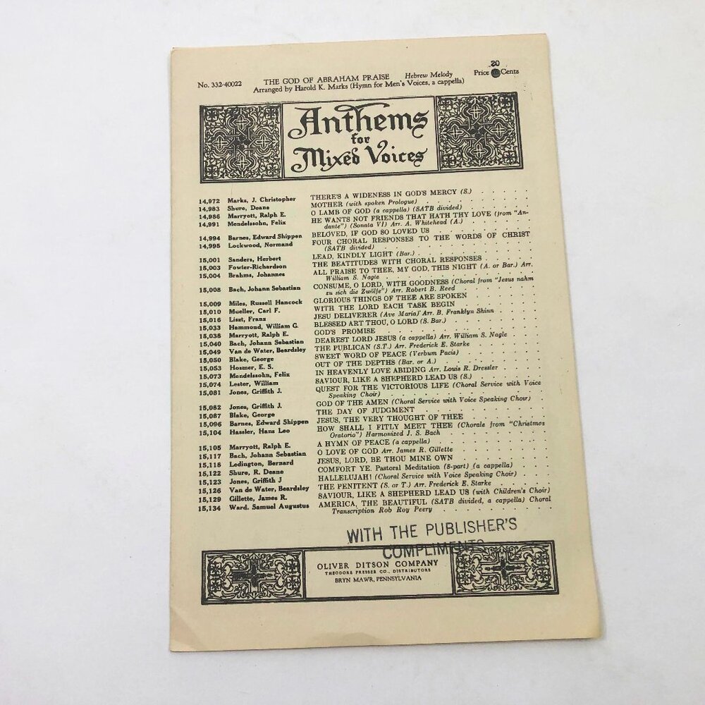 Anthem For Mixed Voices #332-40022 The God of Abraham Praise Booklet Vintage